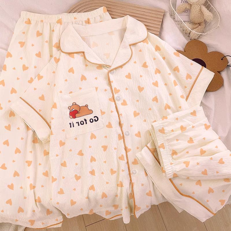 Cloud Cotton Pajamas Women'S Summer Fashion Cartoon Love Full Print Short Sleeve Three-Piece Loungewear