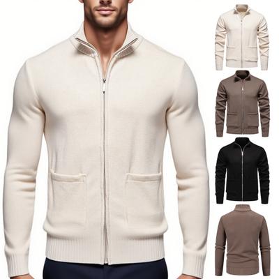 Men Knitted Jacket Stand Collar Long Sleeve Zipper Closure Sweater Coat