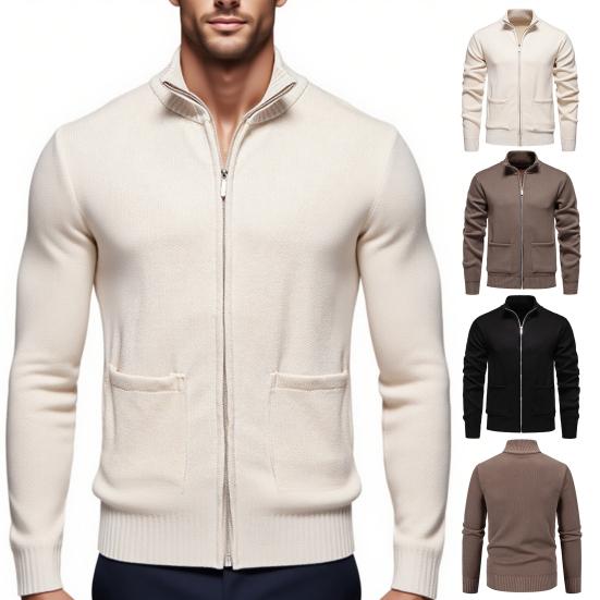 Men Knitted Jacket Stand Collar Long Sleeve Zipper Closure Sweater Coat with Pockets Thickened Plush Lining Knitwear