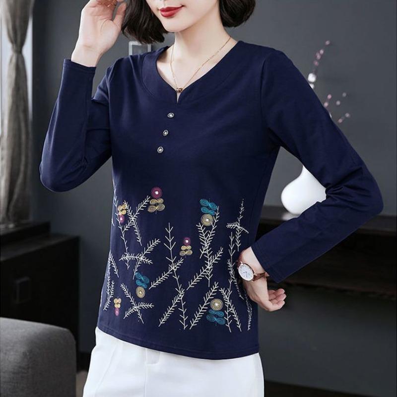 Women Fashion Print Elegant T-shirt Autumn Casual V-Neck Long Sleeve Slim Pullover Solid Color Basic Blouse
