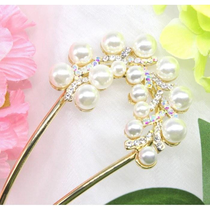 [Miaomyao] Hairpin U-Shaped Hair Ornament Japanese Style Yukata Kimono Simple Pearl Hair Comb Hair Accessory Gold One Size