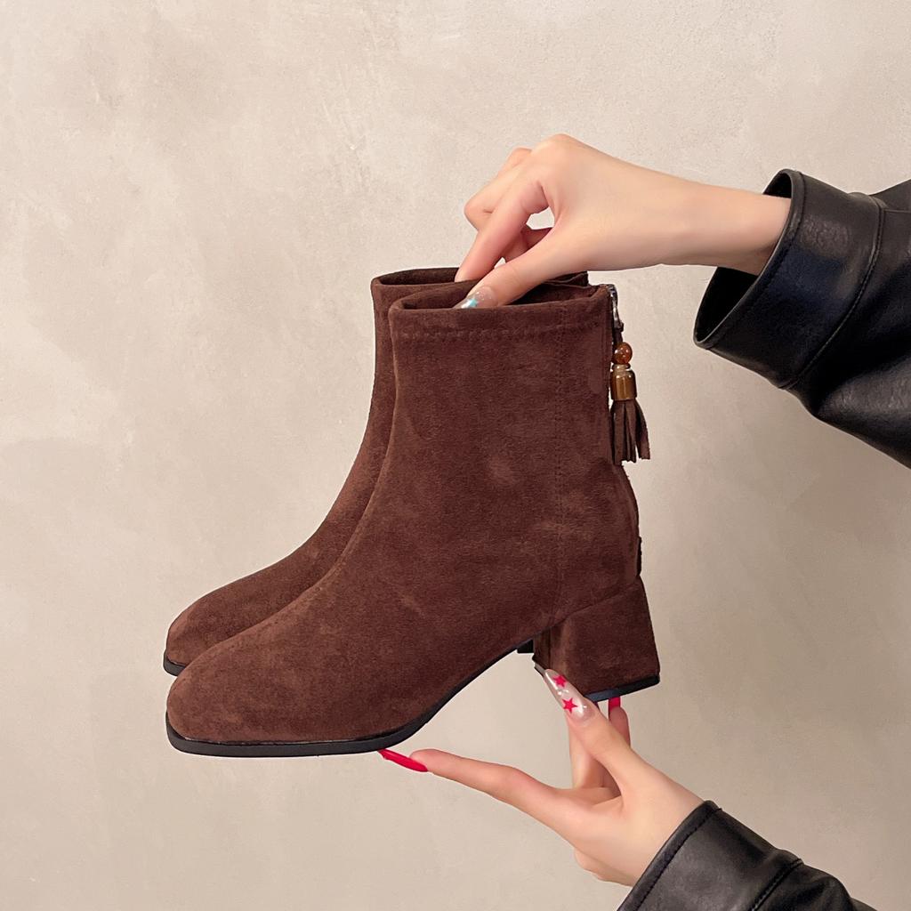 French 2025 Autumn and Winter New Thick Heel Round Head Thin Middle Heel Back Zipper Suede High Heel Fashion Boots Women