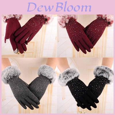 Luxurious Womens Fashion Winter Outdoor Sport Warm Fur Crystal Thick Finger Gloves Mittens