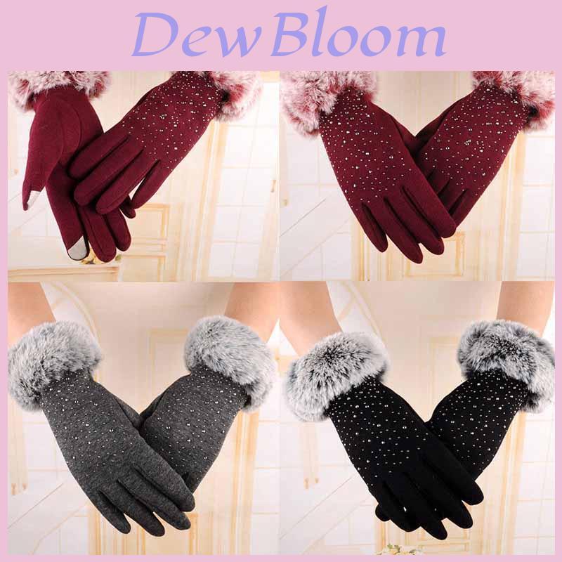 Luxurious Womens Fashion Winter Outdoor Sport Warm Fur Crystal Thick Finger Gloves Mittens
