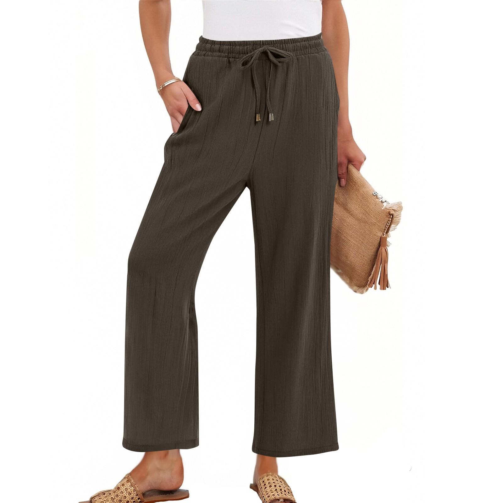 

Женские брюки с высокой талией и регулируемым узлом из струящегося хлопка и льна, широкие брюки XXL коричневый