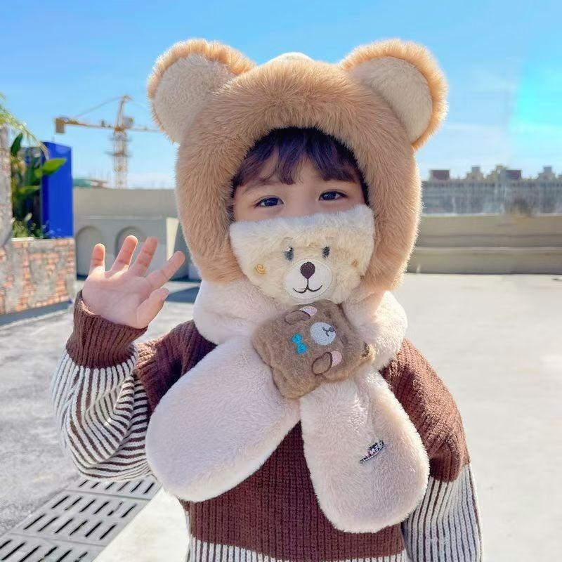 Children's winter hat, scarf, integrated men's and women's fluffy hats, windproof and cold-proof ear protection masks, removable three-piece set