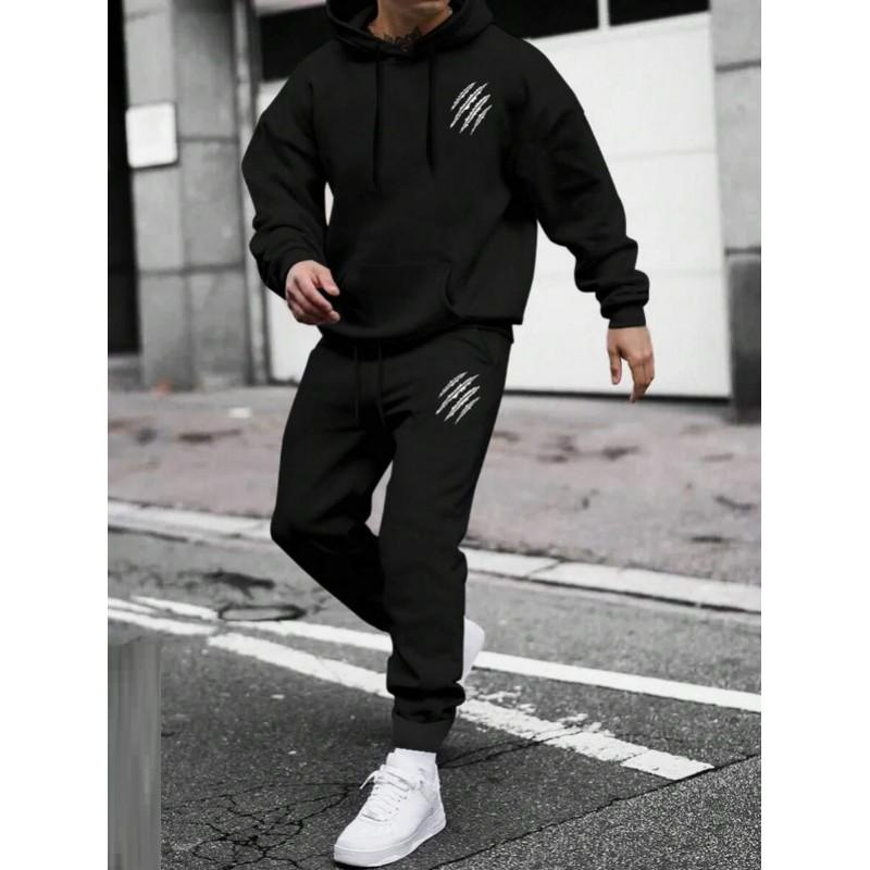 Mens Winter Hooded Sweatshirt Pants Set With Animal Paw Print Sporty Casual Streetwear