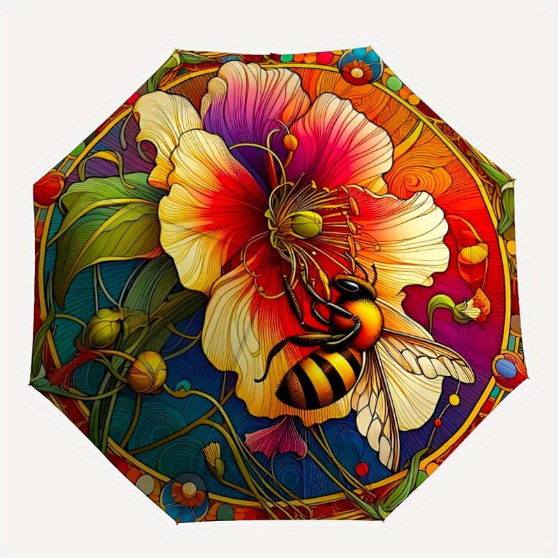 

1pc Bee Flower Automatic Open/Close Umbrella with Windproof, Functional Design, 8-Rib Sturdy Canopy