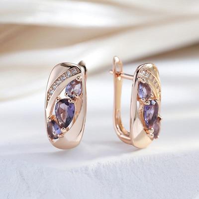 Oval Hollow Match Purple Zircon Geometric Earrings for Women Gold Color Vintage Jewelry Party Accessories