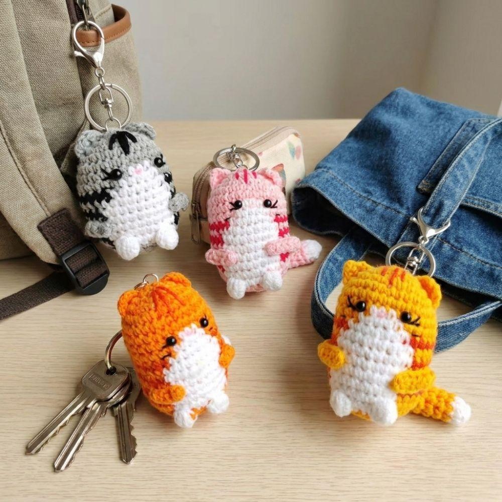 Handmade Hand Cat Keychain Handwoven Yarn Kitty Bag Charm Crochet Kitten Keyring Backpack Decor