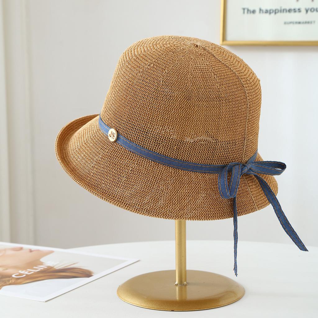 Korean Summer Women's Fisherman Hat with Bowknot Hollow Knit Sunshade Breathable Fashionable Beach Ribbons