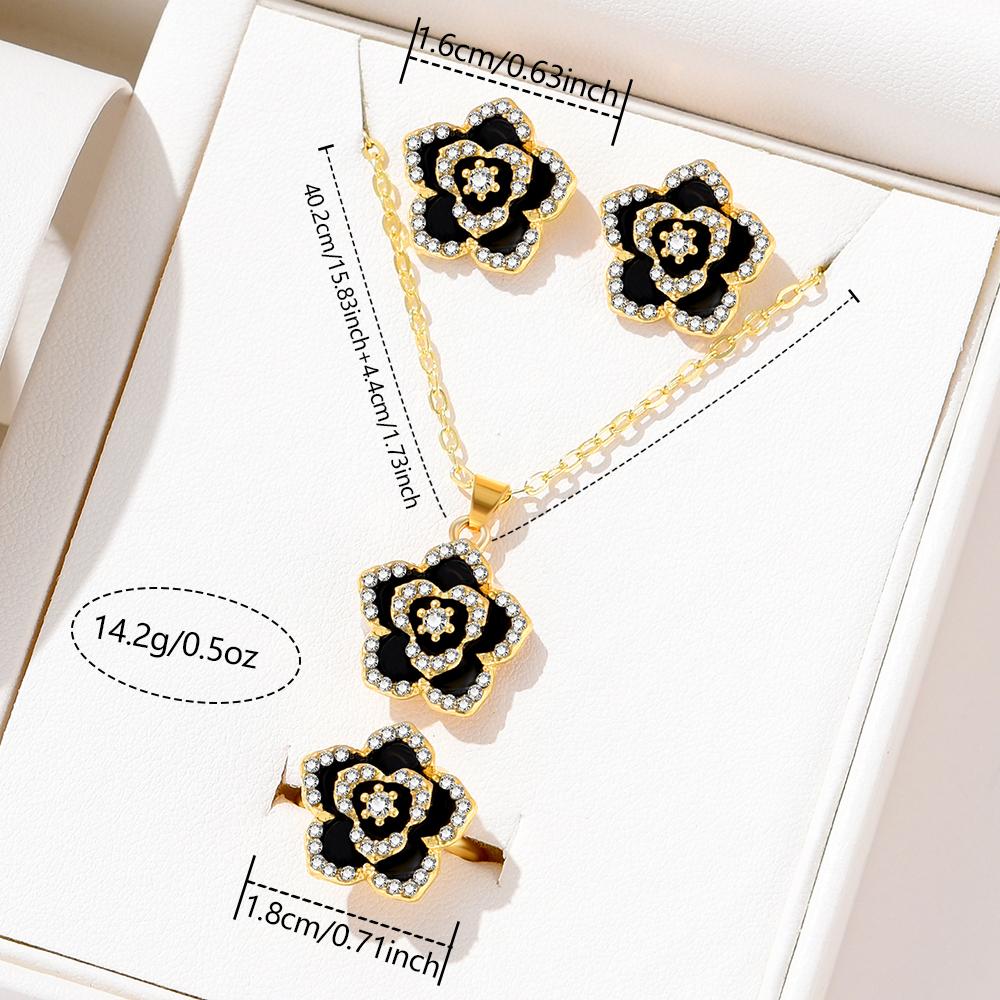 4 Piece Set Of Women Black Floral Zircon Necklace Earrings And Ring Set Personalized Fashionable And Versatile Creative Zircon