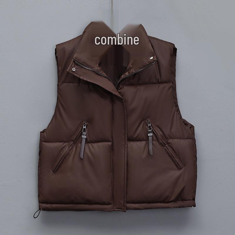 

Женский жилет из ПУ кожи с хлопковым наполнителем - Безрукавка для весны, осени, зимы - Модная короткая верхняя одежда для студентов M кофейный