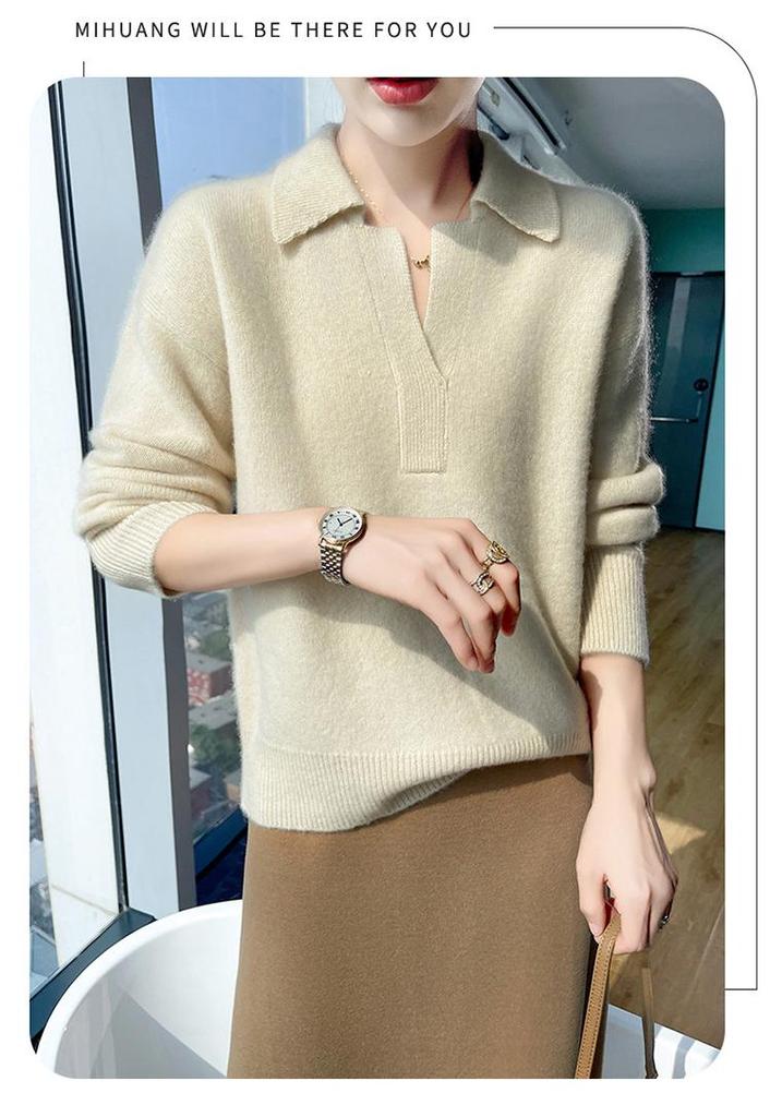 Women's 100% Pure Wool Loose Fit Polo Collar Cashmere Sweater - Autumn/Winter 2024 Collection.