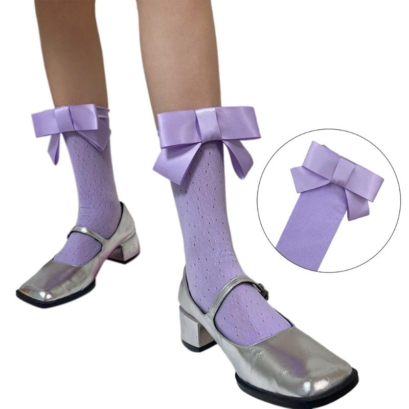 Cute Big Bowknot Hollowed Out Ruffle Frilly Calf Socks for Women Girls Japanese Elegant Sweet Lace Middle Tube Socks