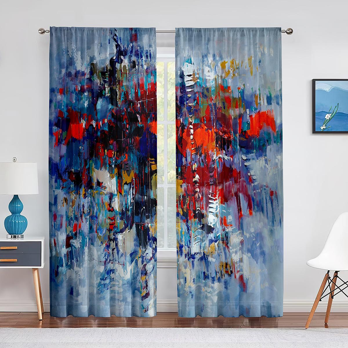 

Абстрактные художественные чернильные краски, водные тюлевые шторы для гостиной, прозрачные шторы для спальни, вуаль, занавеска для оконных штор из органзы 1 PCS W100XH250cm&Grommet Top