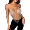Women Shines Rhinestones Tank Top Halter Body Chain Fishnet Mesh Bra Crop Top Shirt for Night Club Party Raves Outfits