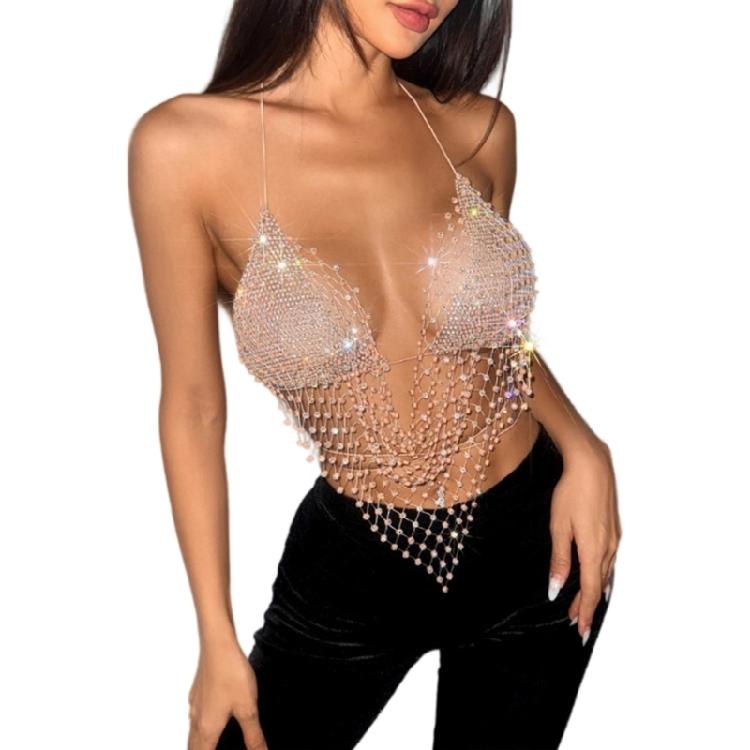 Women Shines Rhinestones Tank Top Halter Body Chain Fishnet Mesh Bra Crop Top Shirt for Night Club Party Raves Outfits