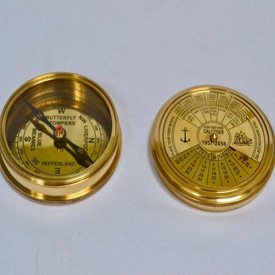 7.62 Cm Large 100 Year Calendar Compass In Wooden Box Brass,