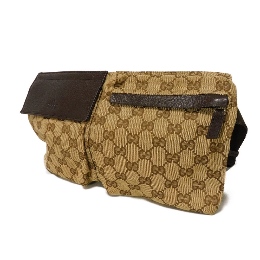 Used 9539 GG Canvas Waist Bag 28566 7929 Calfskin Brown Waist Pouch Shoulder Bag with Embossed Logo Beige Men's from