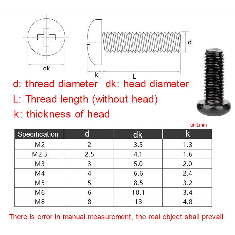 Black Carbon Steel M2 M2.5 M3 M4 M5 M6 M8 Cross Recessed Phillips Truss Head Large Flat Round Head Screw Bolt