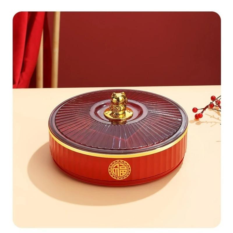 

Домашняя мебель Китайский красный вращающийся ящик для хранения фруктов с отделением в крышке Поднос для закусок Набор подносов для фруктовых конфет Роскошный поднос для фруктов
