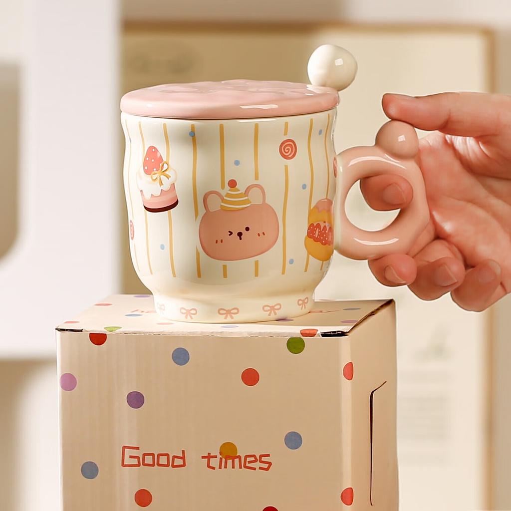 Cute Girl Heart with Cover Mug Cartoon Dessert Bear High Looking Office Ceramic Water Cup Birthday Souvenir