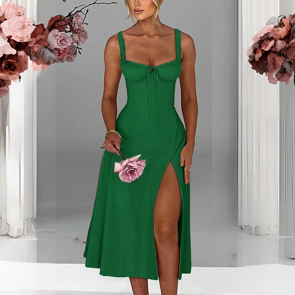 Sukienka damska w jednolitym kolorze, wiązana, dopasowana, z rozcięciem na ramiączkach