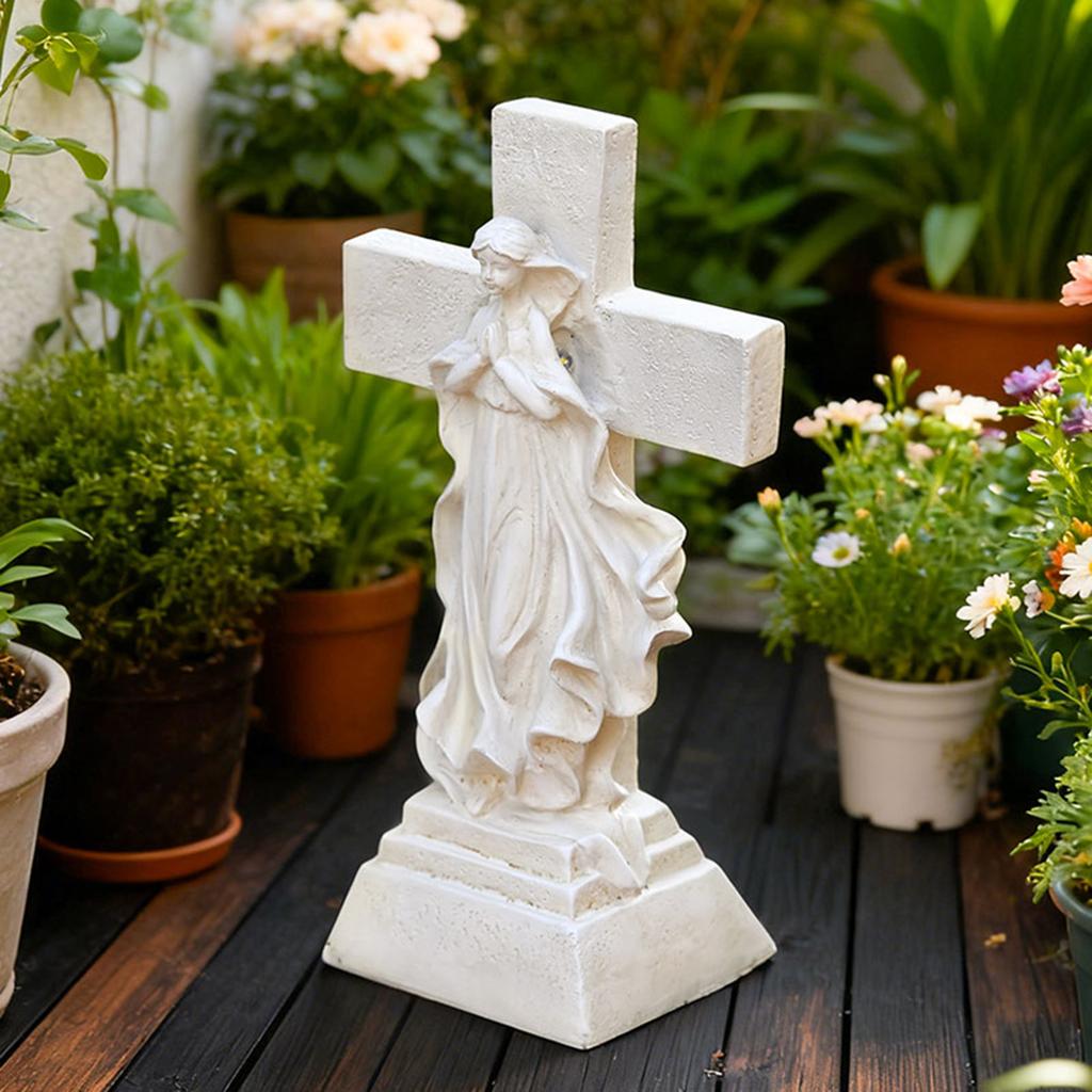 Solar,powered Mary Cross Ornament For Cemetery Memorial Garden Outdoor Resin Crafts