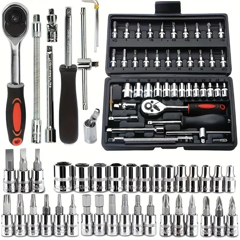 46pcs Ultimate Auto Marine Tool Kit with Socket Wrench Ratchet Set and Durable Steel Construction In Storage Case Motorcycles