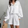 Womens White Cotton Jacquard Set Loose Lantern Sleeve Shirt Shorts 2025
