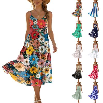 Women's Summer Fashion Printed Pocket Adjustable Shoulder Strap Bohemian Leisure Beach Resort Strap Dress
