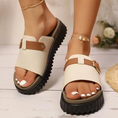 Sommer Damen Hausschuhe Mischfarbe Runde Zehenpartie Plateau Sandalen Outdoor Casual mit Schnalle Flach mit Täglichen Damenschuhen
