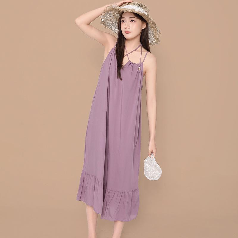 Gentle Wind Gradual Change Tie-dye Cotton and Silk Suspender Nightdress Ruffle Edge Hem Loose Pajama Skirt Women Large Size Home Skirt