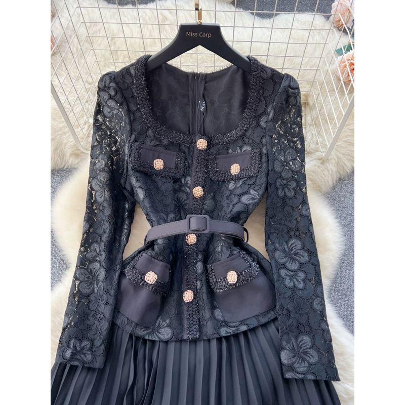 Classic Style Heavy Industry Beads Metal Buckle Pleated Dress