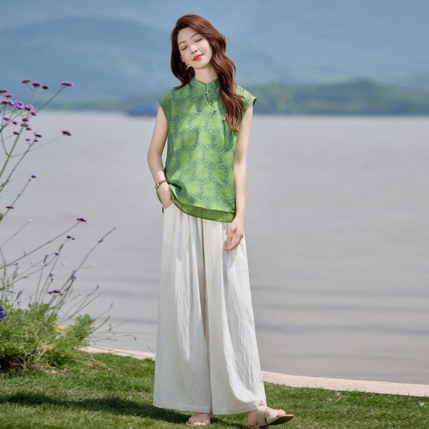 

Light suit women s summer design sense retro printed top slim meat-covering wide-leg pants two-piece set XXL зелёный