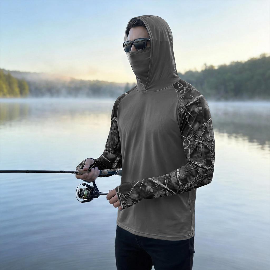 Men's Casual Outdoor Camouflage Print Hoodie Long Sleeve Sun Protection Shirt Lightweight Quick Dry Breathable Fabric for Hiking Fishing