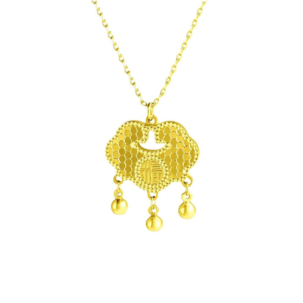 Gold-Plated Ancient Peace Lock Pendant Necklace with Auspicious Cloud Bell - Chinese Style Jewelry for Women