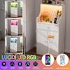 Cabinet - Wooden sideboard, 2 AC power ports/2 USB ports, Bluetooth LED light strip, single drawer, white.