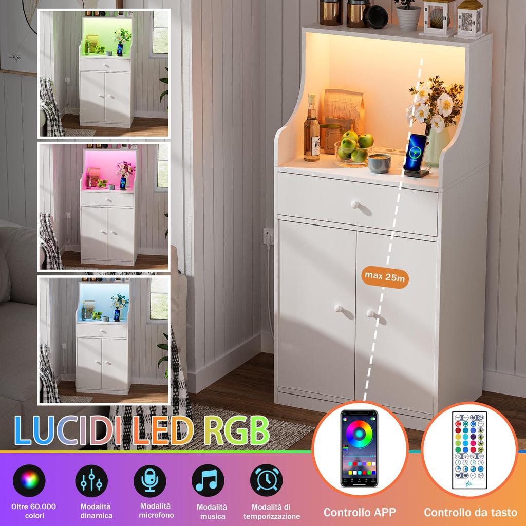 Cabinet - Wooden sideboard, 2 AC power ports/2 USB ports, Bluetooth LED light strip, single drawer, white.