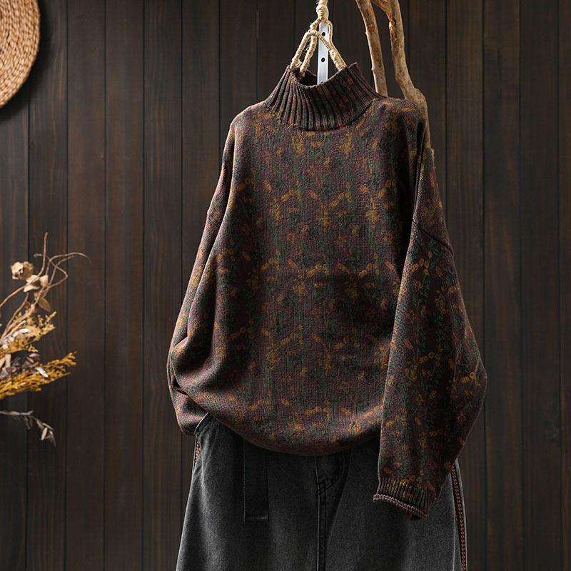 Women's Long Sleeve Turtleneck Sweater Mock Neck Floral Vintage Japanese Casual Pullover Knit Top