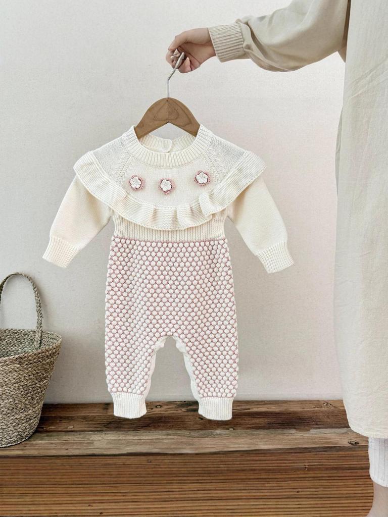 Handgemachter Baumwoll-Häkel-Blumen-Bubble-Romper für Säuglings- und Kleinkindmädchen - Herbst/Frühling