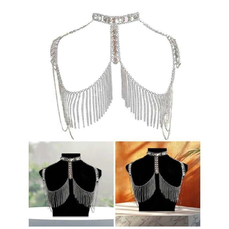 Trendy Stylish Rhinestones Shoulder Necklace Multitiered Body Chain Jewelry Accessory for Fashionable Women Ladies