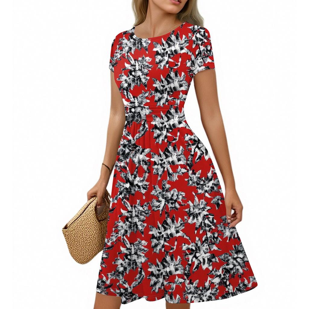 Women's Casual Fashion Round Neck Pleated Short Sleeve Retro Floral A-Line Midi Dress