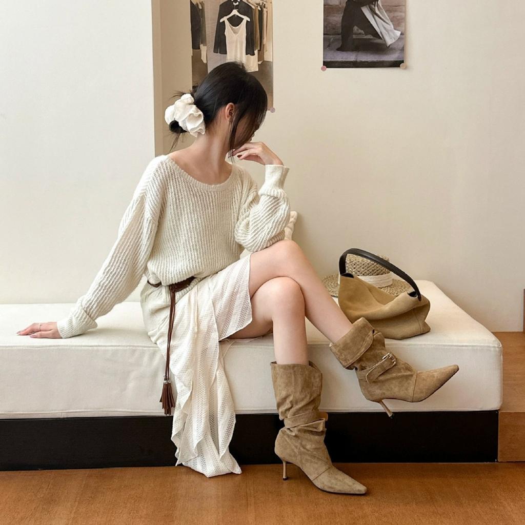 Retro pointed thin heel high heel short boots women's 2025 autumn and winter new fashion temperament wrinkled stacking boots Martin boots