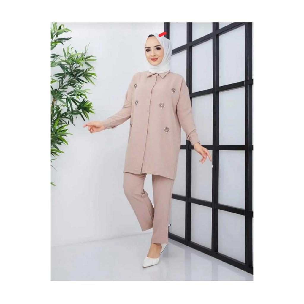 Women's Black Color Linen Shirt Collar Buttoned Bottom Top Set