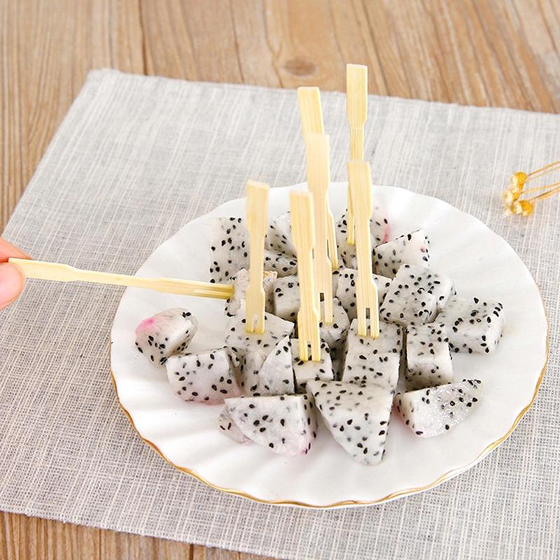 80Pcs Disposable Bamboo Fork Two-Tooth Fruit Fork Catering Household Fruit Fork