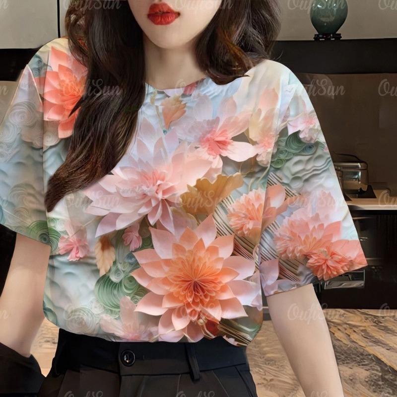 Summer Trendy Colorful Flower Pattern 3D Digital Print T-Shirt round Neck Short Sleeve Casual Women's Fashion Polyester Fiber Breathable