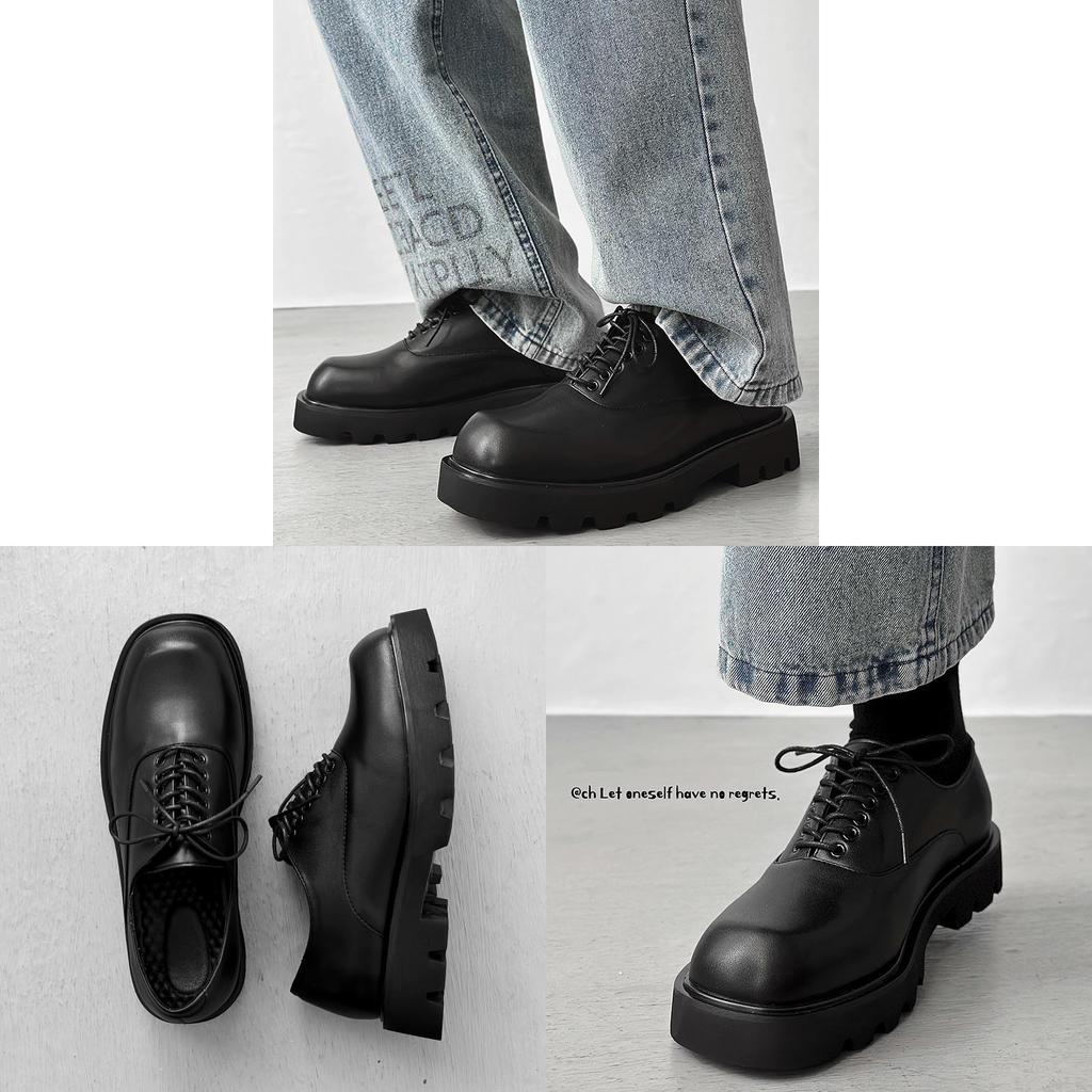 Square Headed Solid Color Leather Shoes With Thick Sole And Antislip Rubber For Men