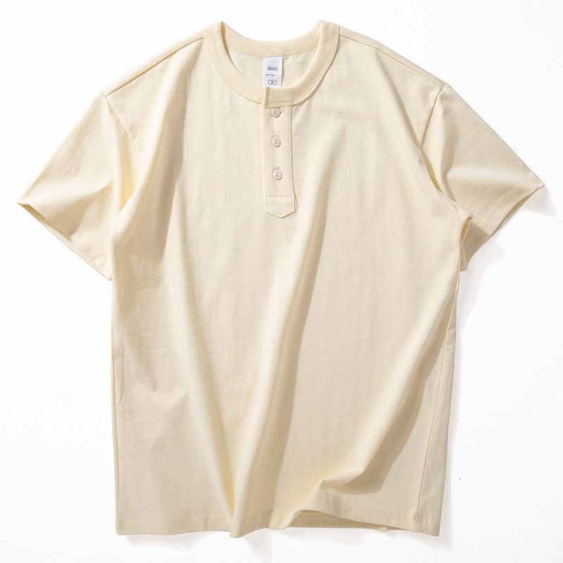 American-Style 300g Heavyweight Short-Sleeve T-Shirt for Men, Summer Casual Solid Color Versatile Top, Stylish Henley Collar Pure Cotton Half-Sleeve